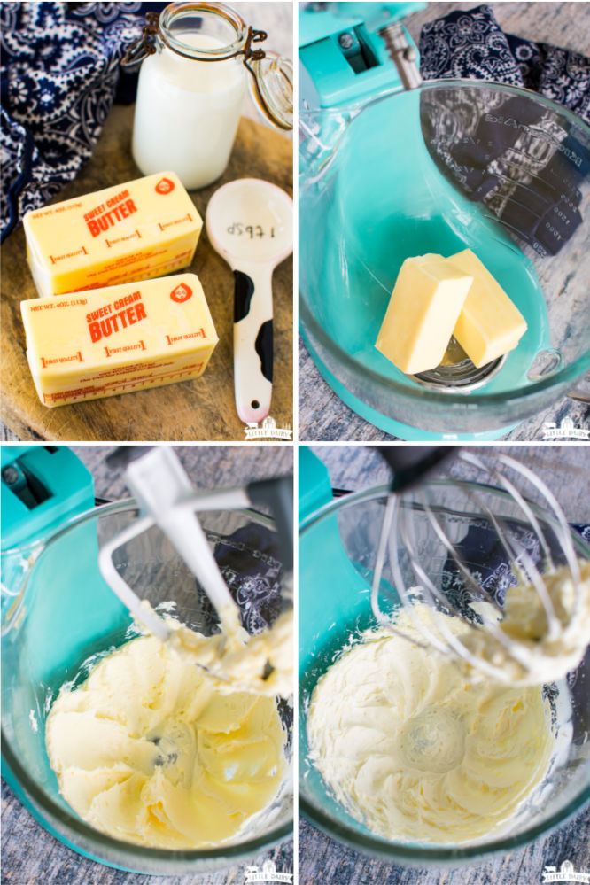 four images showing the steps of how to make whip butter