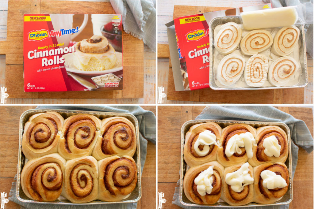 a collage with four images showing how to make Rhodes AnyTime Cinnamon rolls in 30 minutes