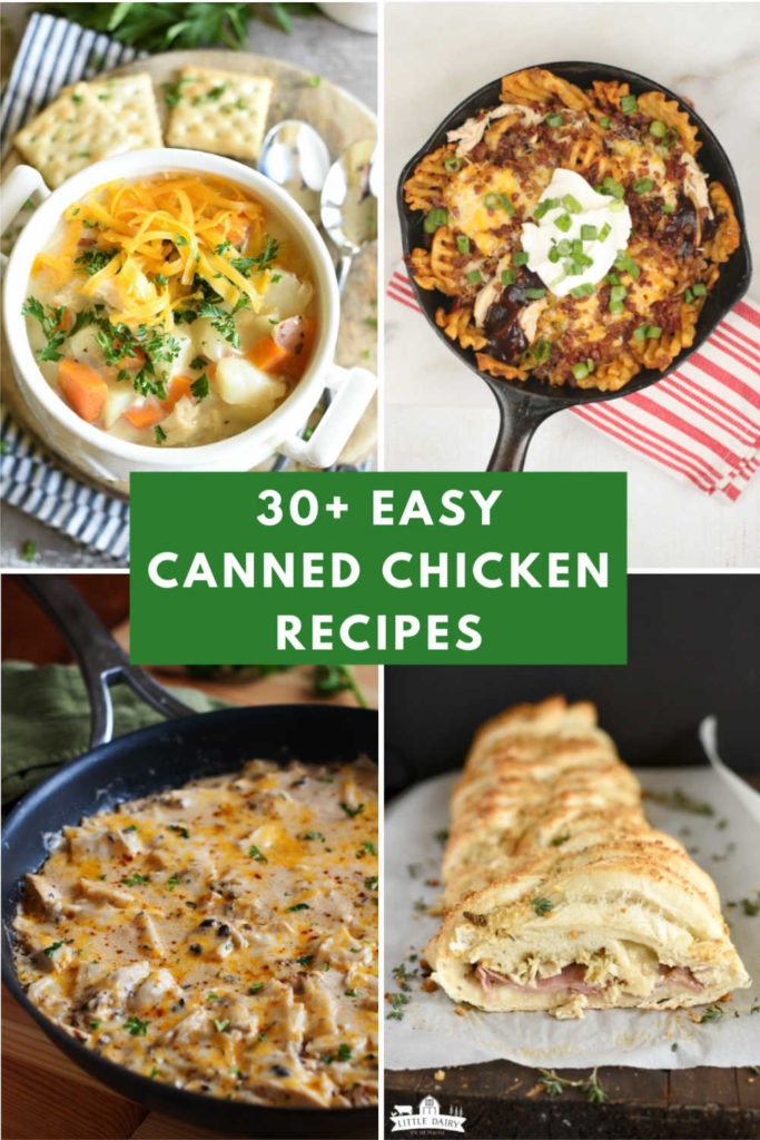 a collage with images of recipes made with canned chicken and a text graphic