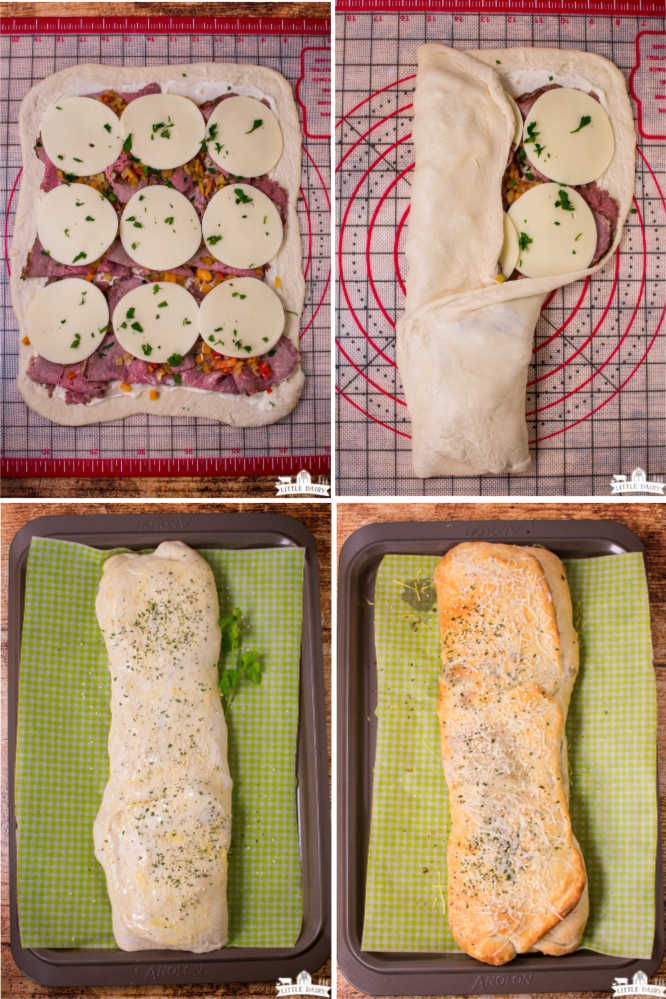 a collage with four images showing how to make stromboli
