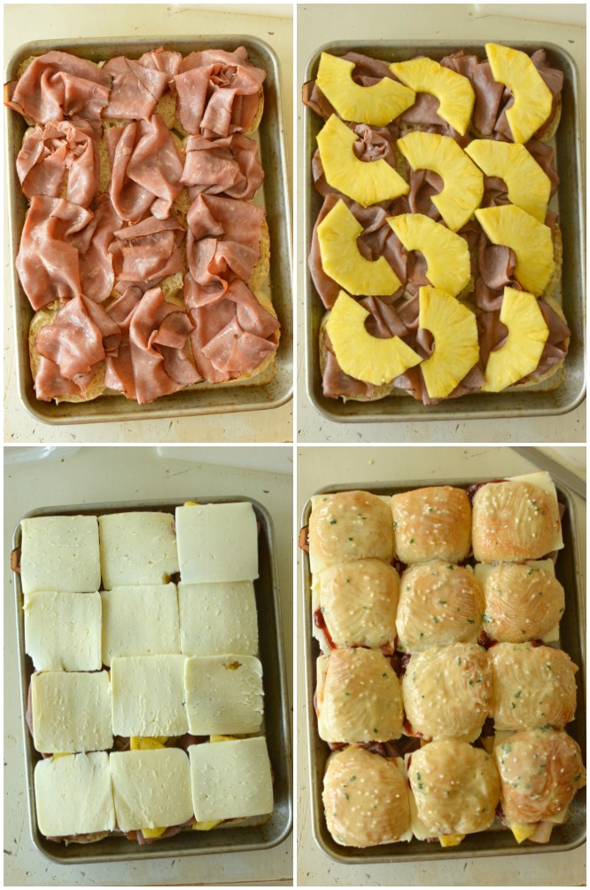 four images showing how to make Roast Beef Sliders with layers of deli meat, pineapple slices, and cheese