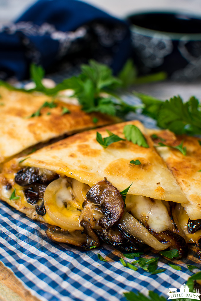a wedge of a fried quesadilla stuffed with mushrooms, cheddar cheese, and onions, sprinkled with fresh parsley
