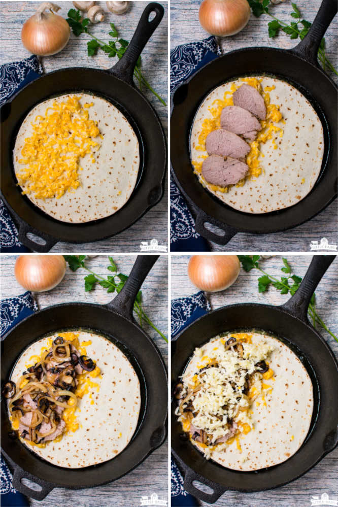 four images showing step by step instruction on how to make a quesadilla with cheese, meat, and vegetables