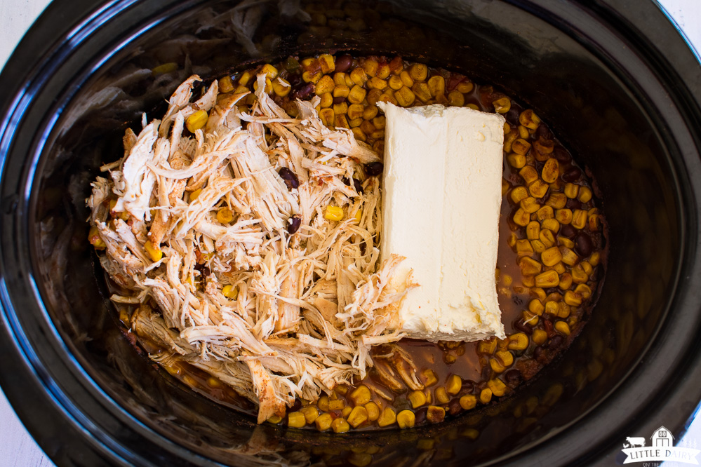 crockpot with shredded chicken and cream cheese