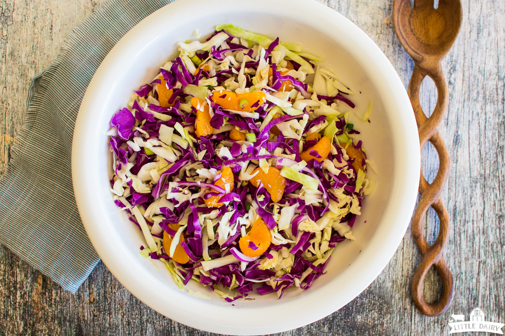 purple and green cabbage salad with mandarin oranges