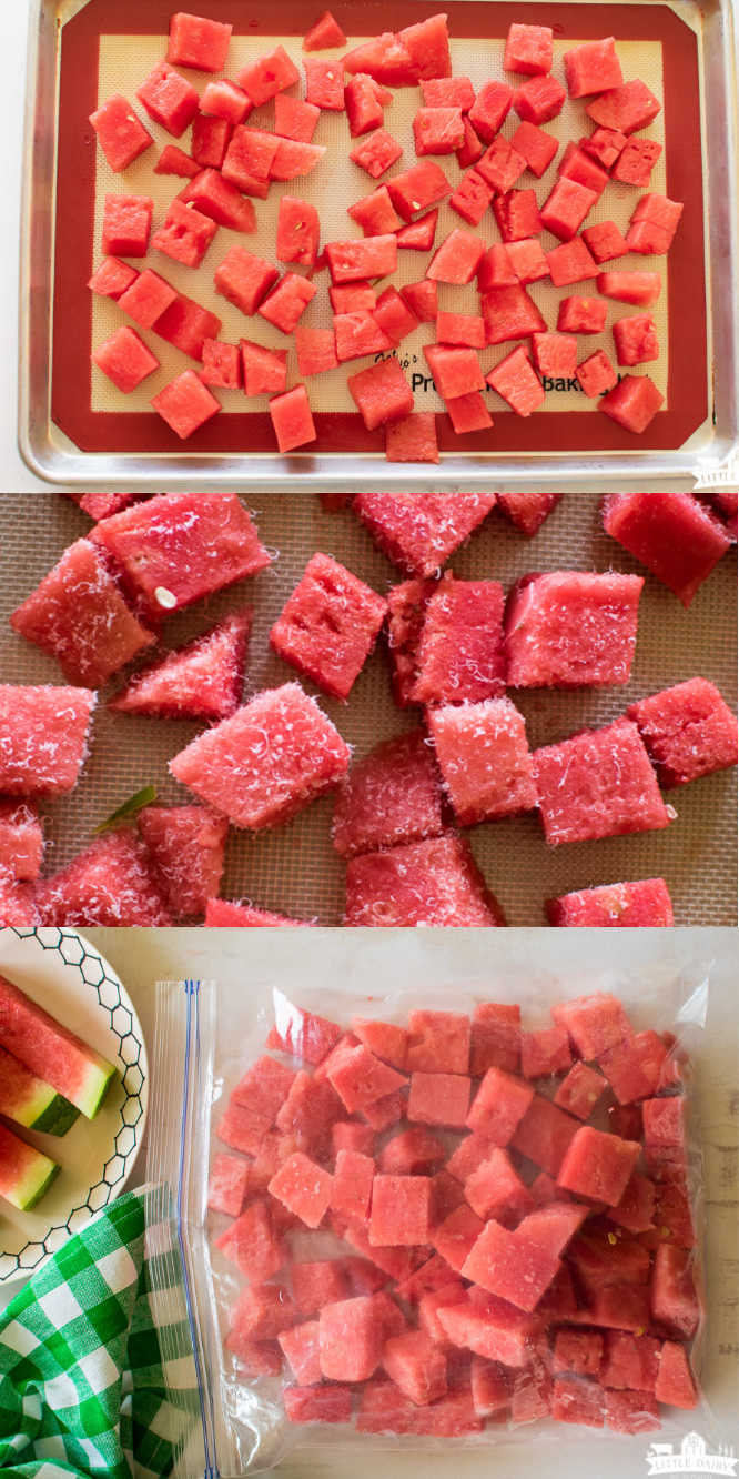 three images showing step by step how to freeze watermelon in cubes. First image is diced watermelon on a baking sheet. Second image is frozen watermelon cubes, Third image is watermelon in a freezer bag.
