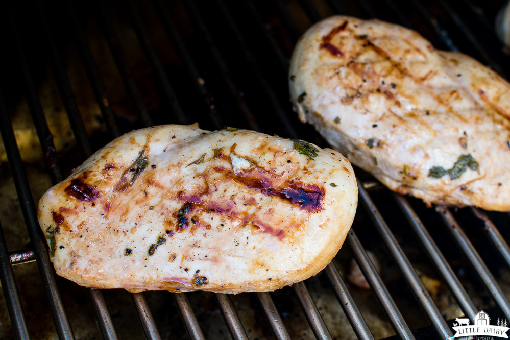 Two chicken breasts on a cooking on a grill
