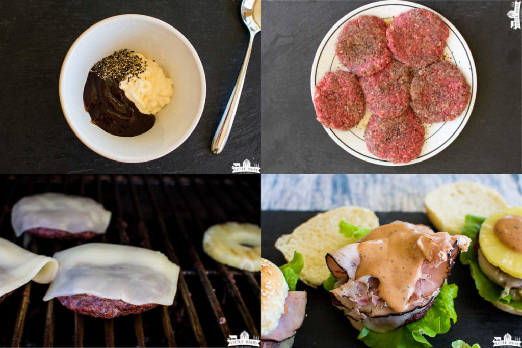 a collage with four images showing how to make Hawaiian burgers