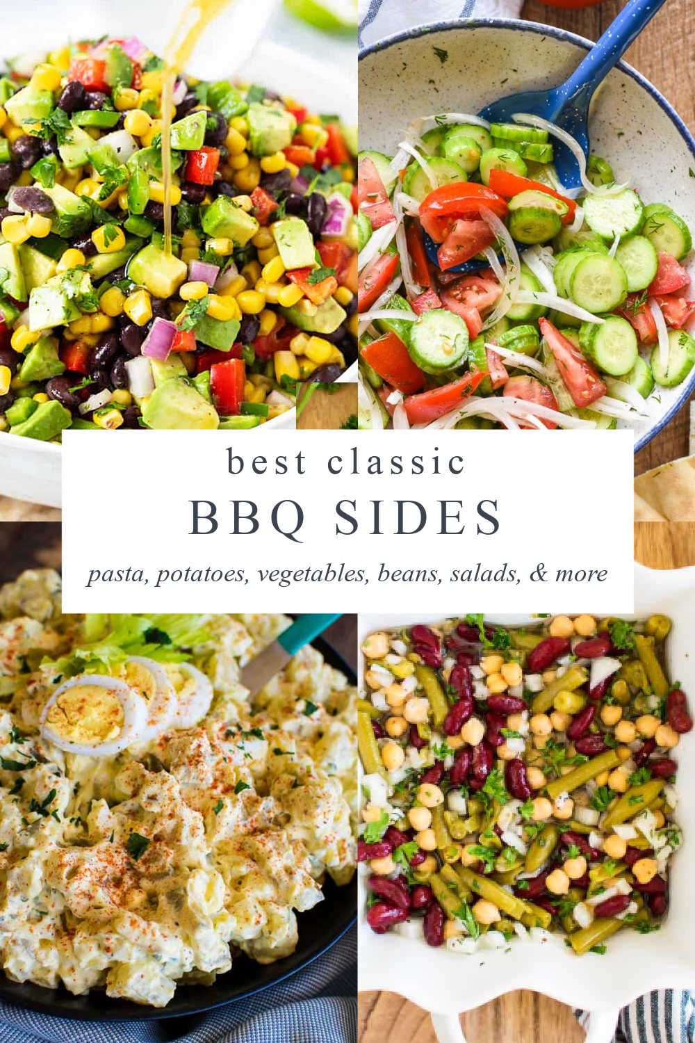 a collage with four images of salads for BBQ sides with text overlay