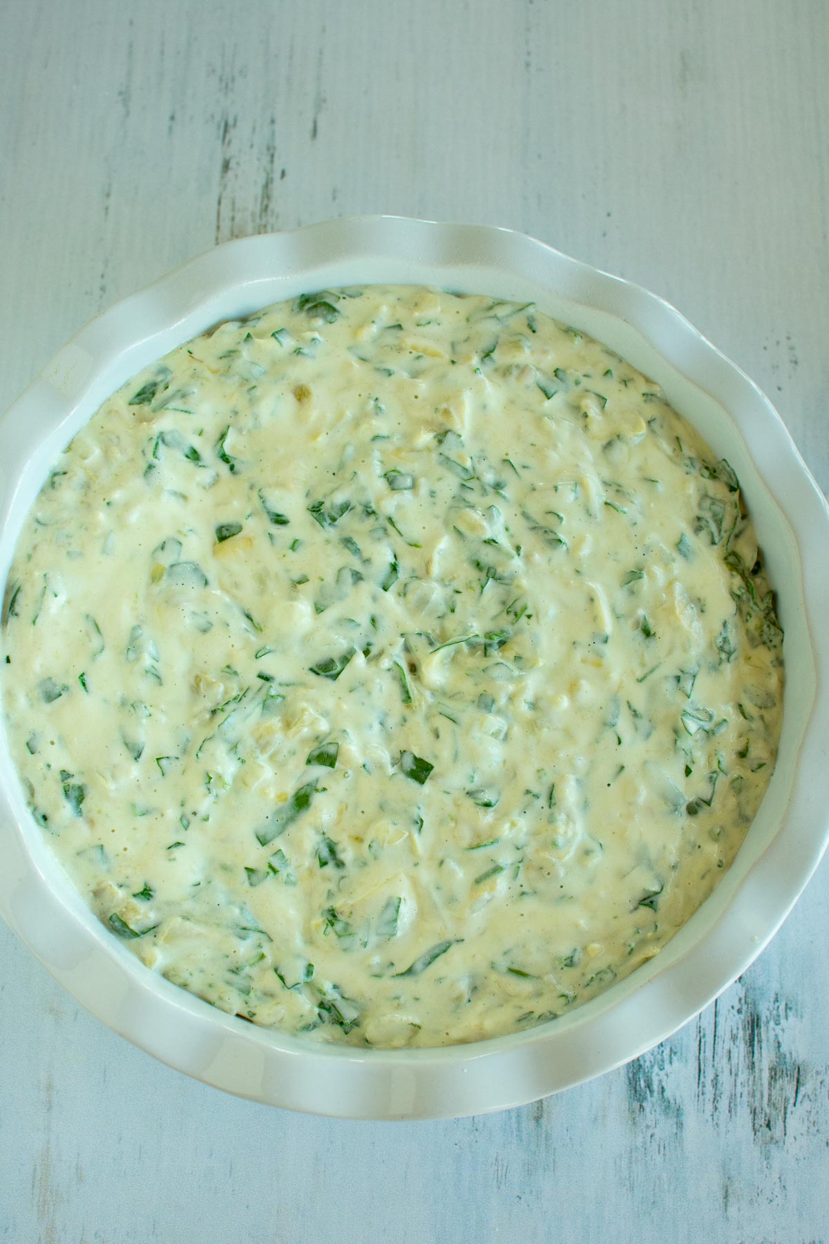 Spinach dip in a baking dish.