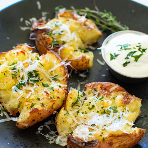 Garlic Herb Smashed Red Potatoes - Saving Room for Dessert