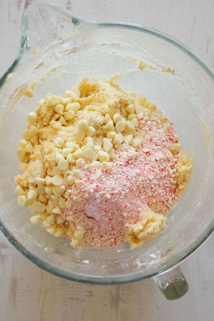 Cookie dough with peppermint candy and white chocolate chips.