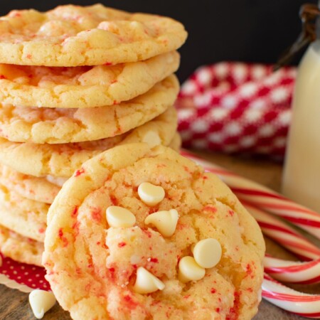 A stack of white chocolate chip peppermint cookies.