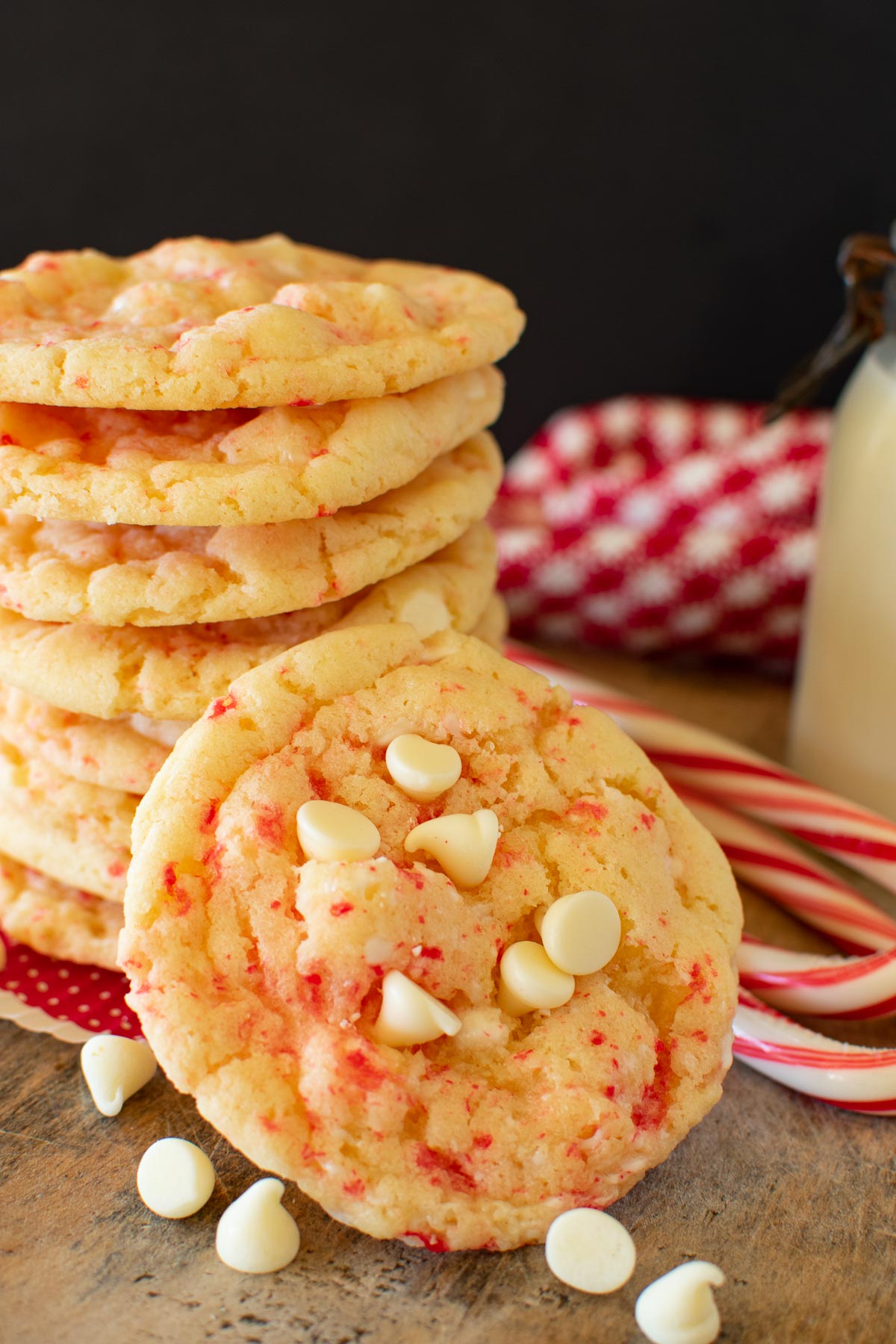 A stack of white chocolate chip peppermint cookies.