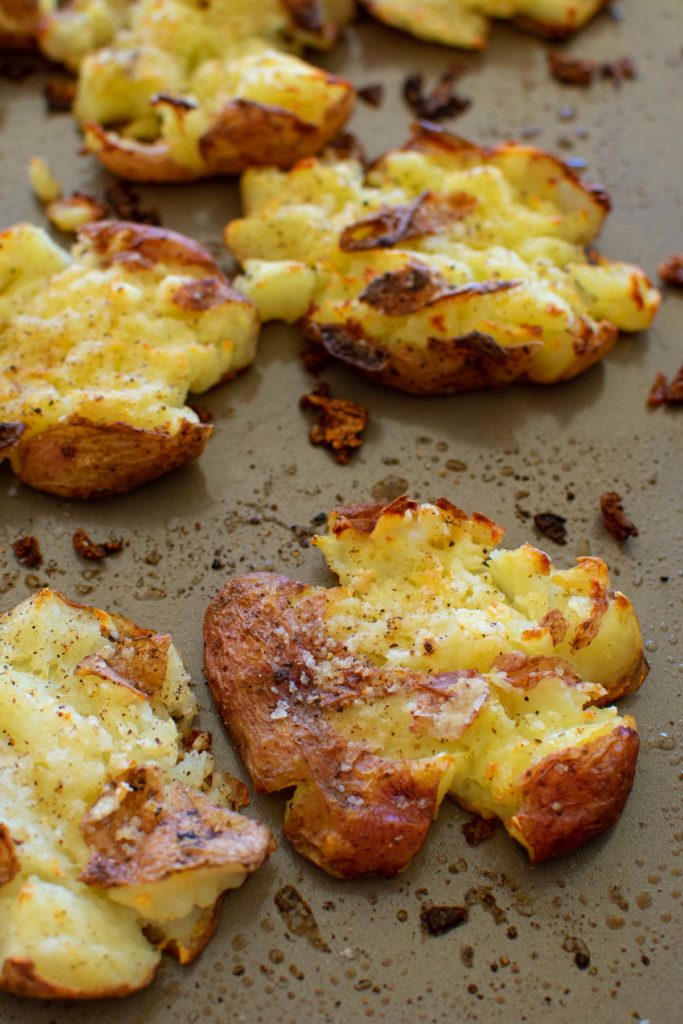 Golden brown crispy baked and roasted potatoes.