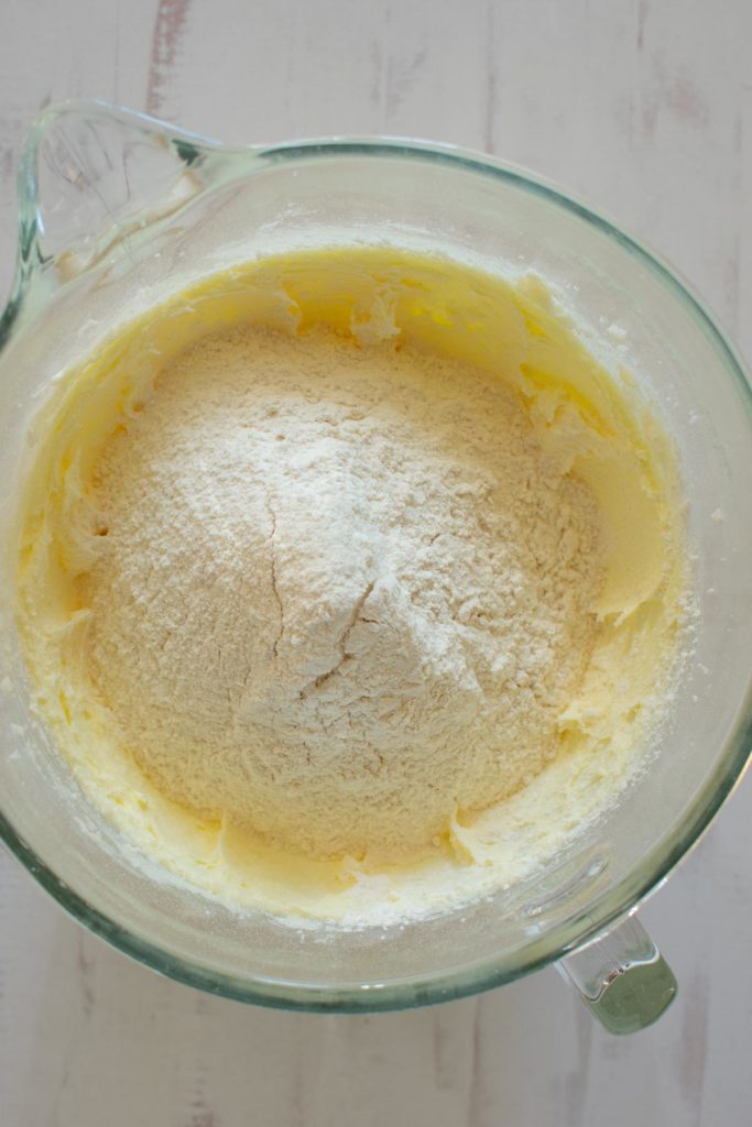 Creamed butter with dry ingredients.