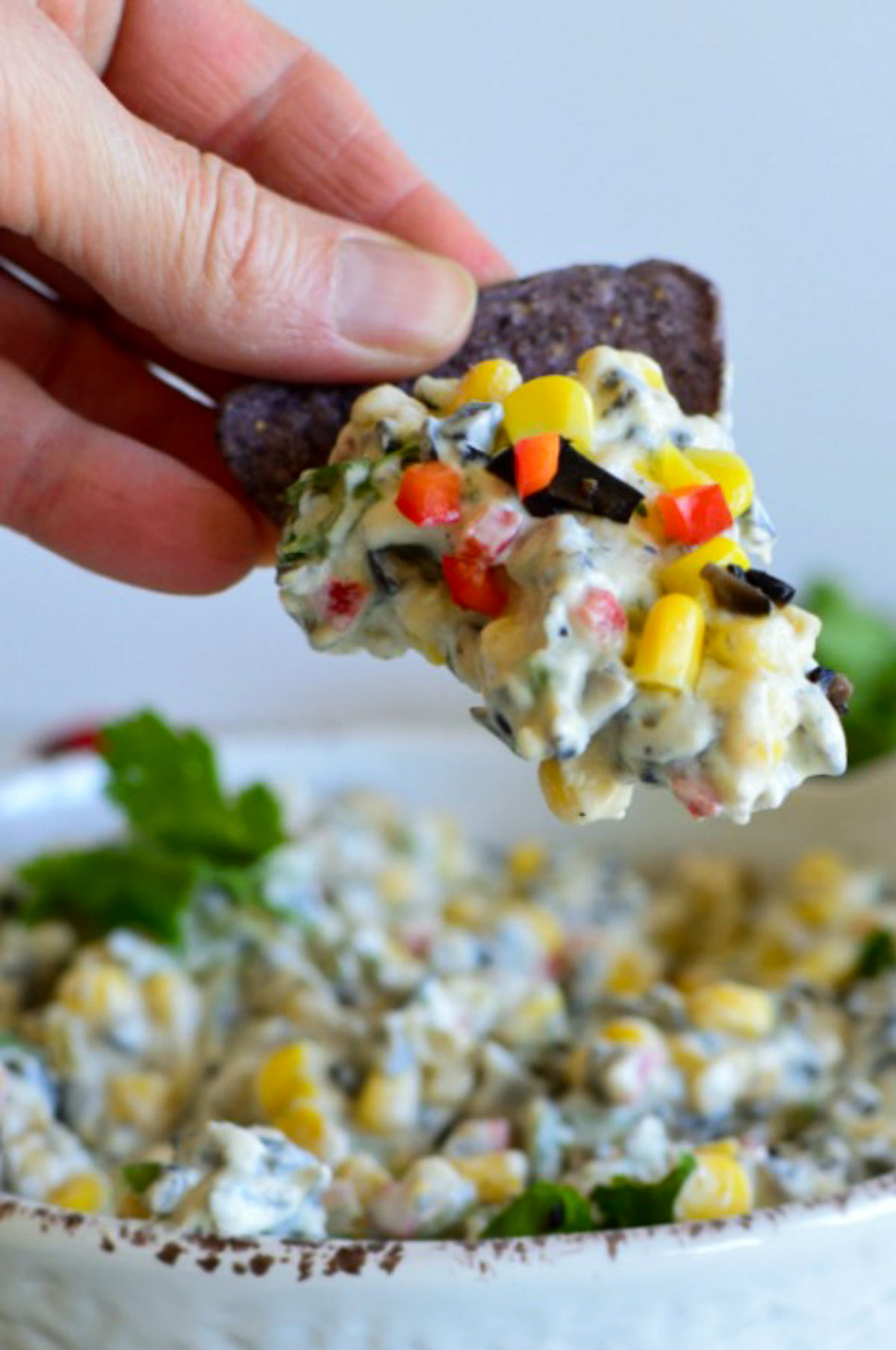 Blue tortilla chip with cream cheese red pepper and corn dip