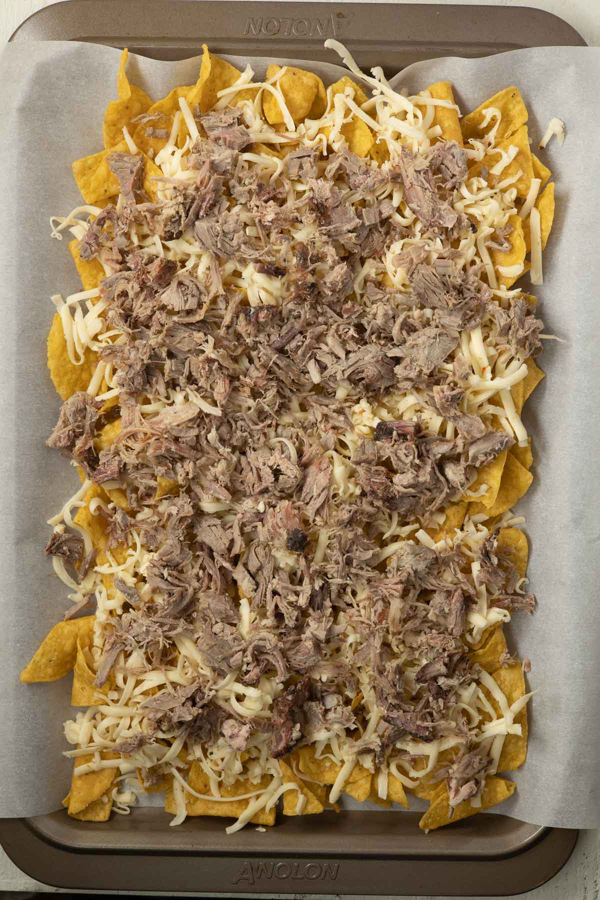 Nachos with cheese and shredded pork.
