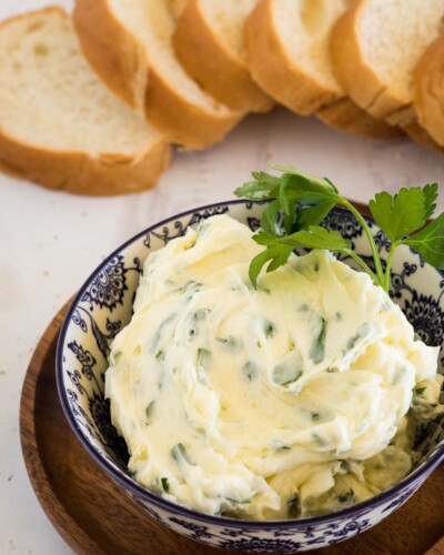 Garlic Butter in a dish with bread.