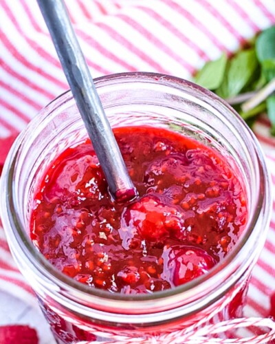 A jar of raspberry sauce.