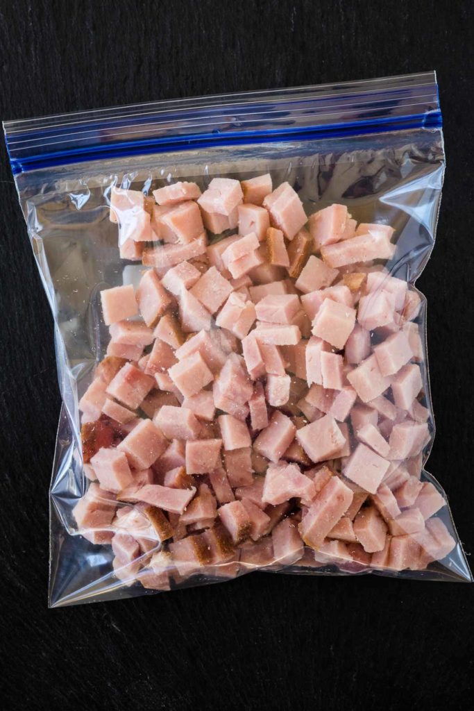 Diced ham to freeze in a plastic bag.