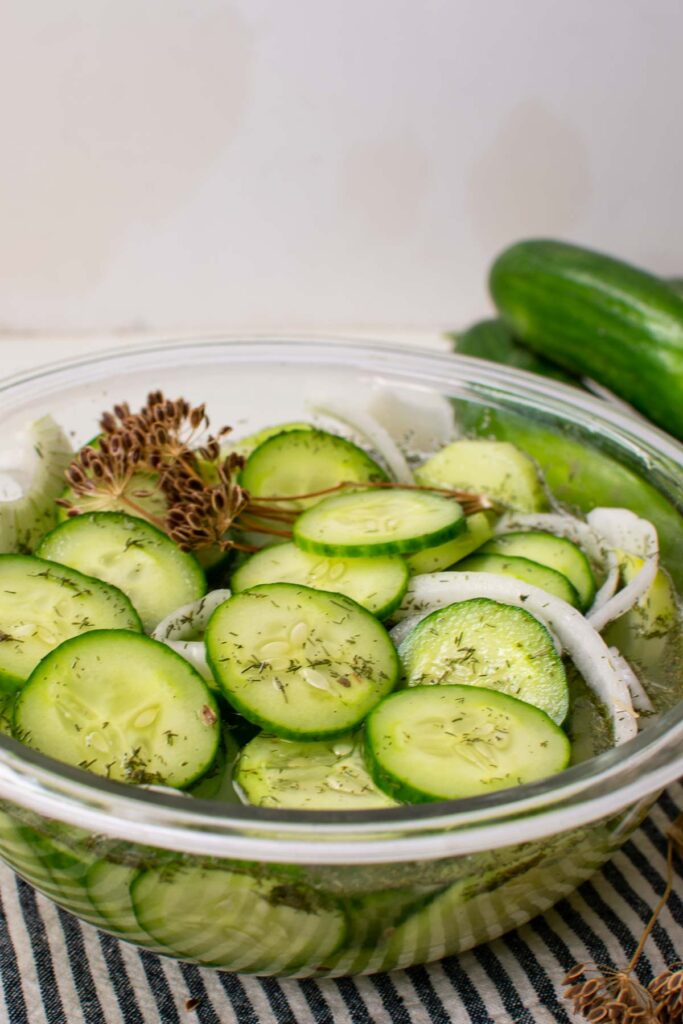 Cucumber salad in a glass bowl with dill.