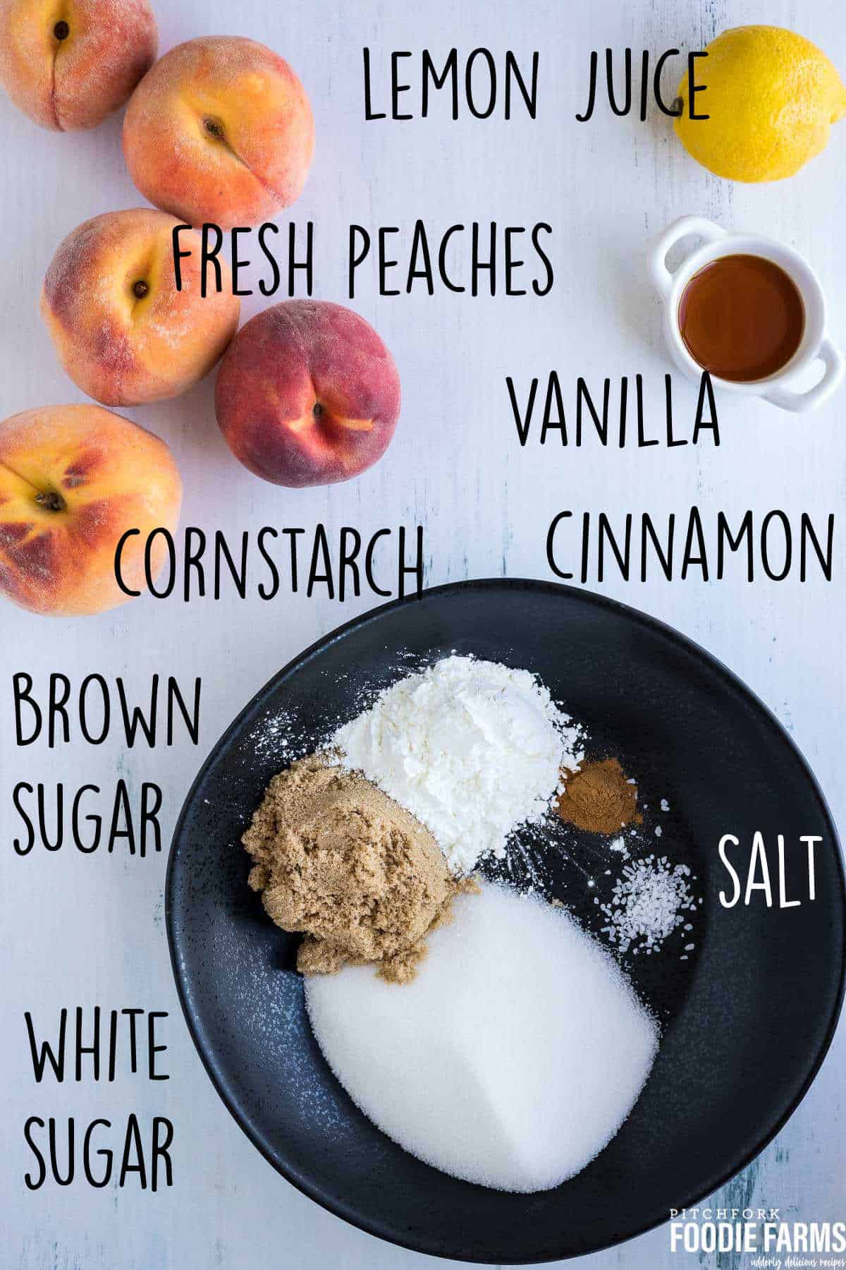 An images showing the ingredients needed to make fresh peach pie filling with text lables.
