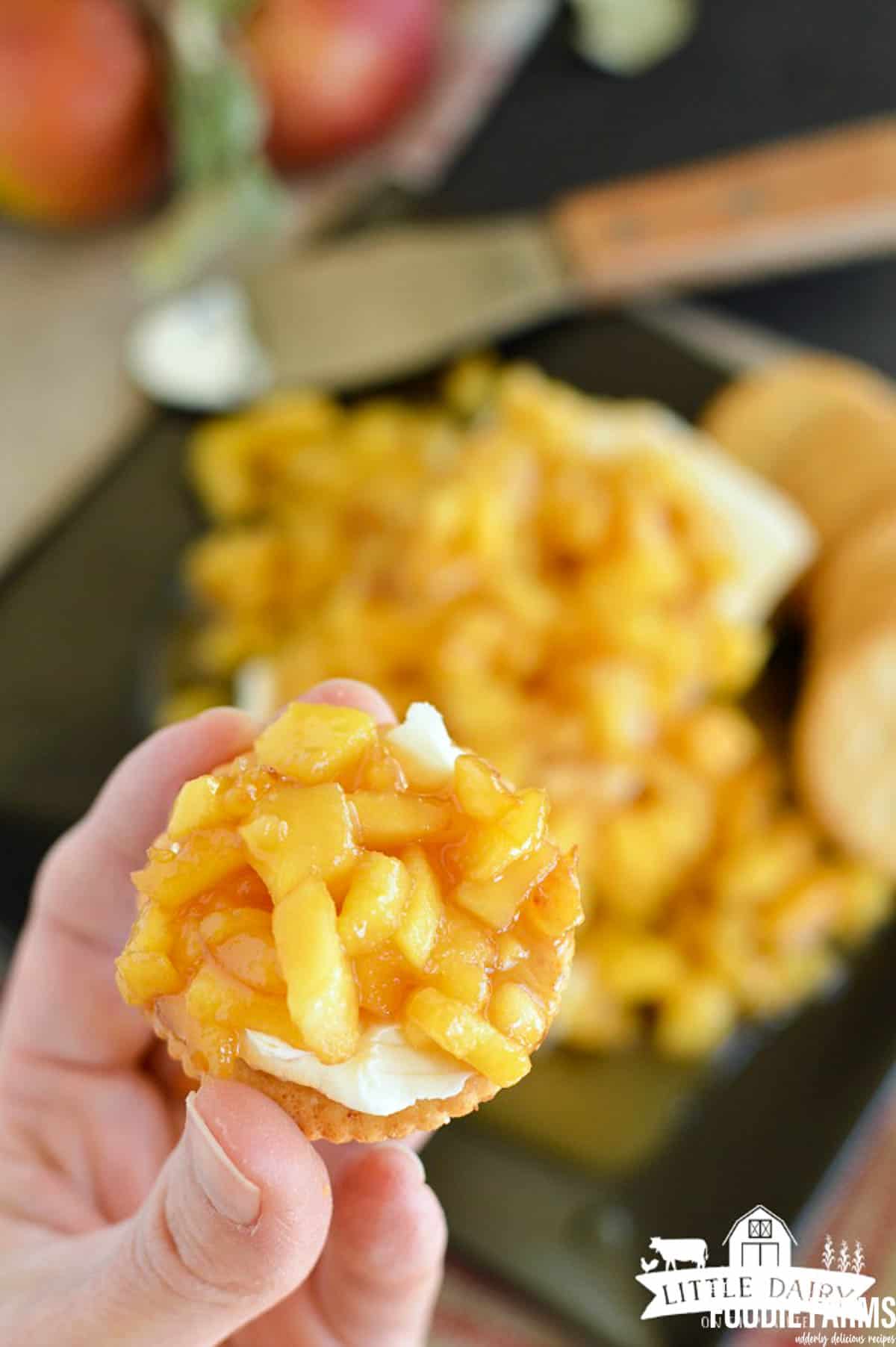 A cracker with cream cheese caramel apple dip.