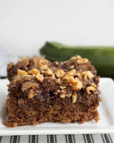 A piece of chocolate zucchini cake with walnuts and chocolate chips on top.