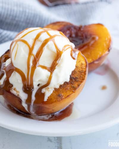 Roasted peaches with vanilla ice cream.
