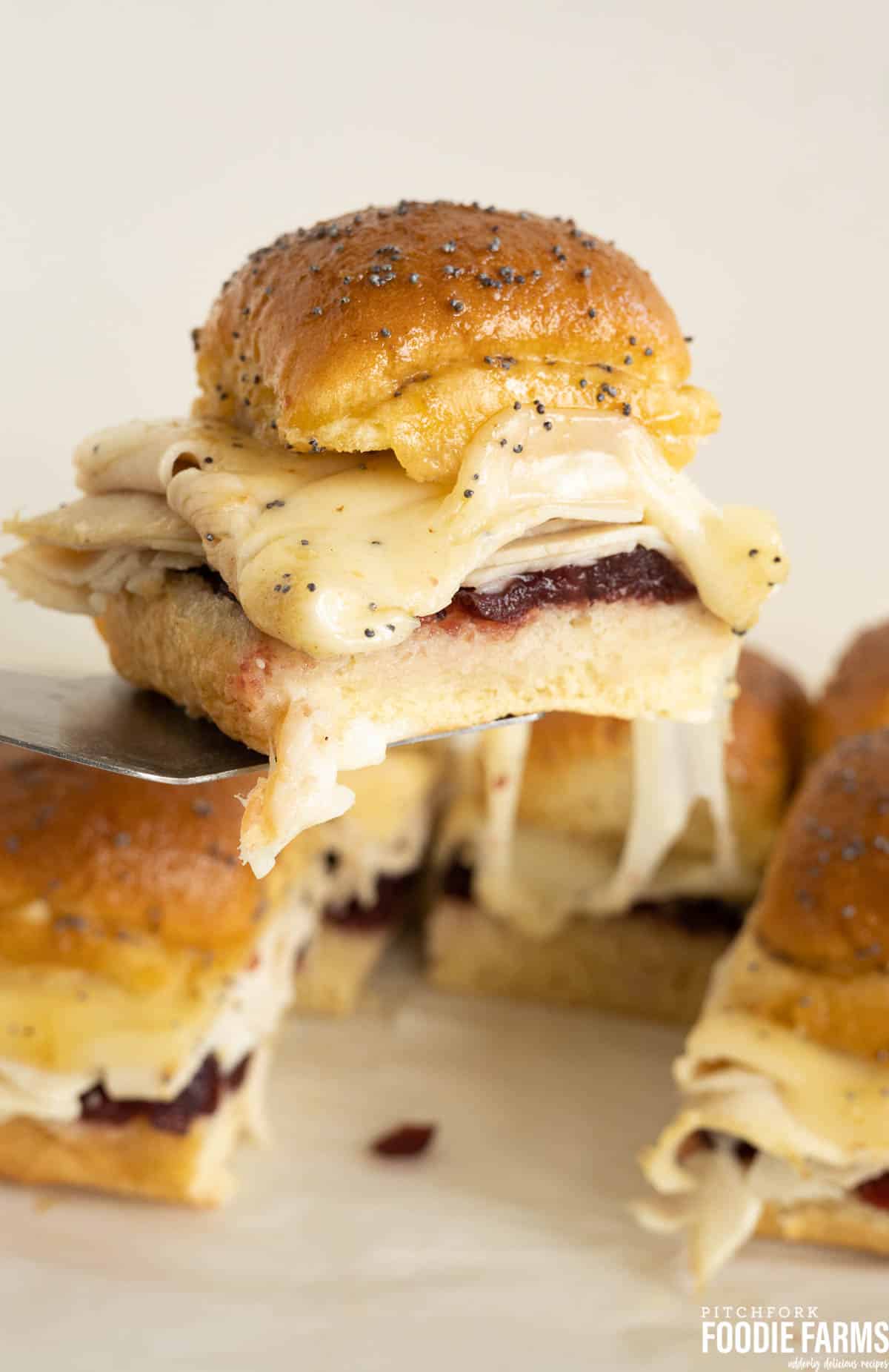 A baked slider with turkey and melted cheese and cranberries.