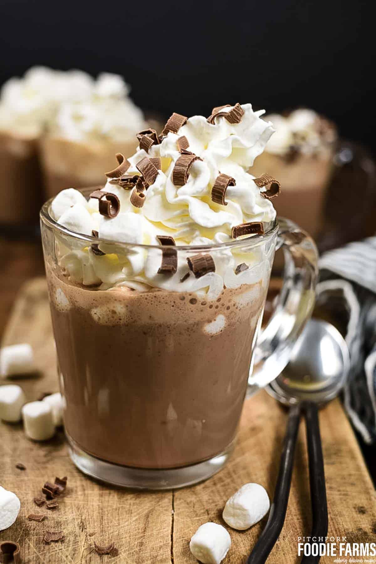 A glass mug of hot chocolate with whipped cream and chocolate chips on top.