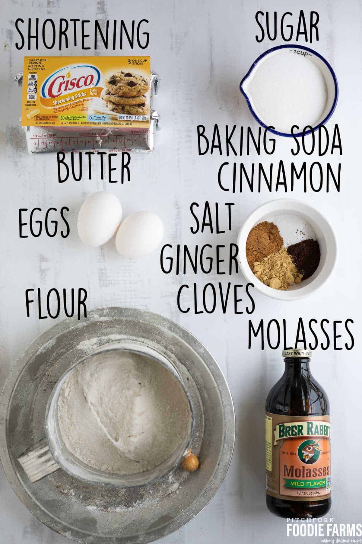 An image of ingredient and text explaining what's needed to make gingersnap cookies.