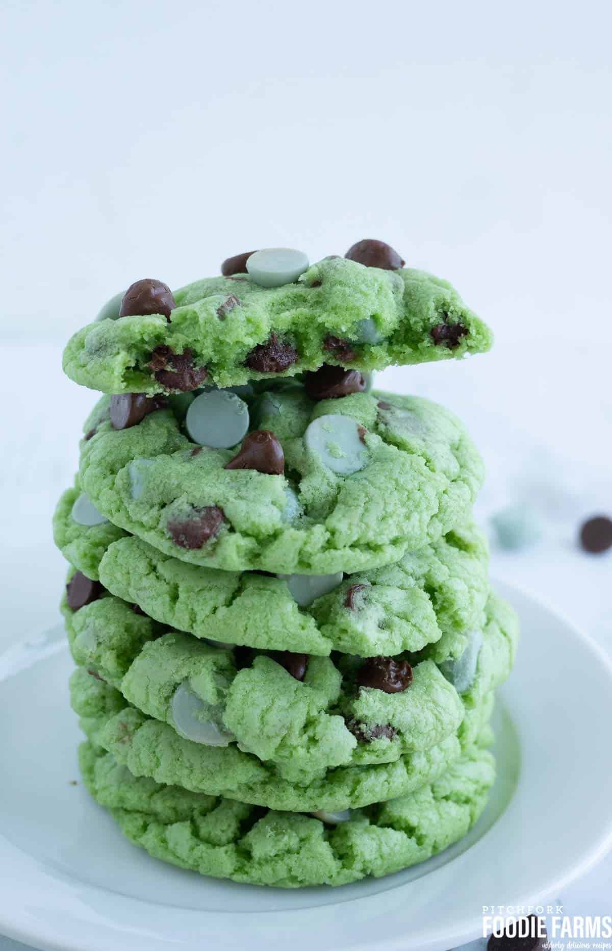 A stack of mint chocolate chip cookies.