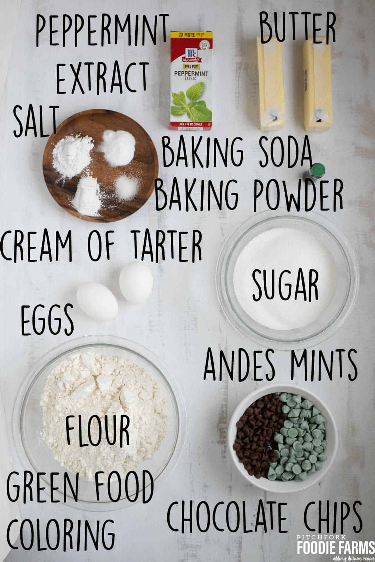 Ingredients used to make mint cookies.