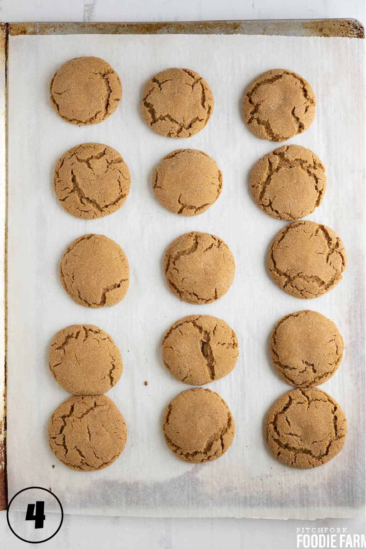 Baked ginger snap cookies on a baking sheet.
