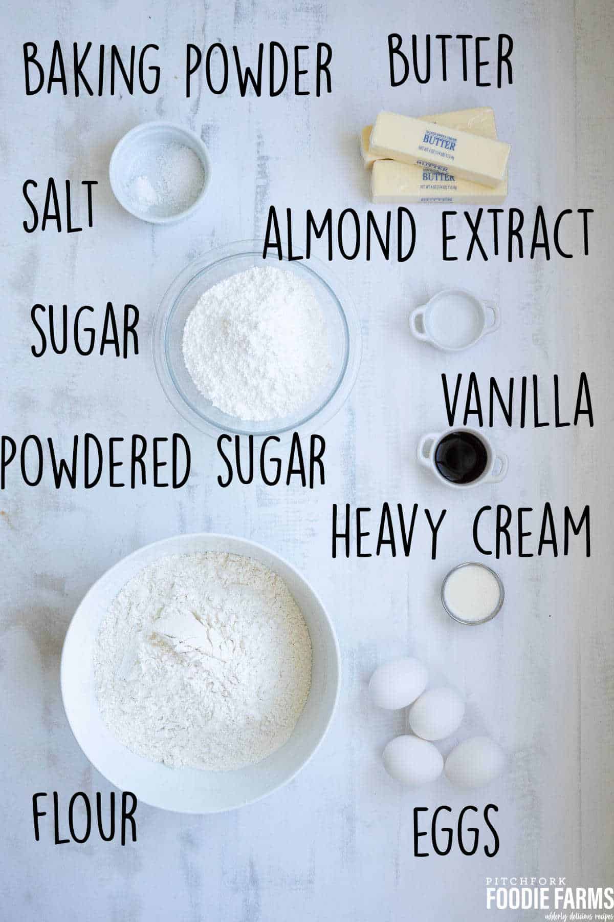 Labeled ingredients needed to make bar sugar cookies.