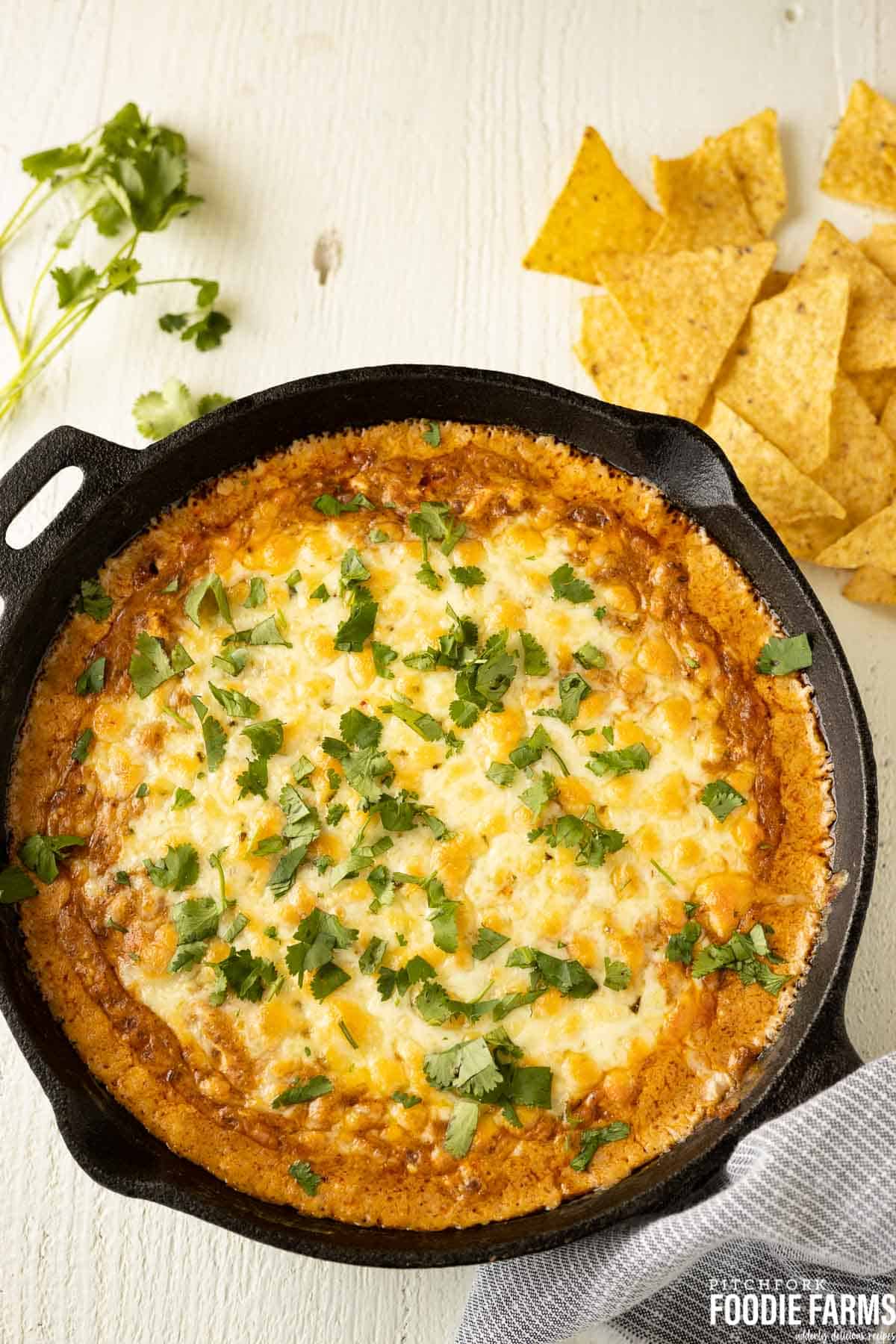 Chili Cheese Dip with cilantro and melted cheeses.