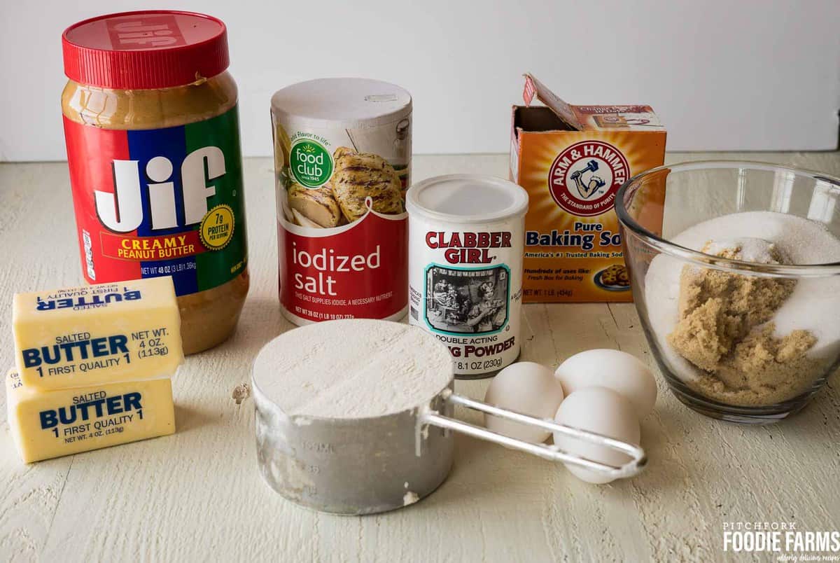 Ingredients needed to make chocolate chip cookies with peanut butter.