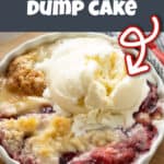 Rhubarb dump cake topped with vanilla ice cream.