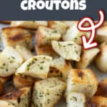 An image of toasted croutons with a text overlay.