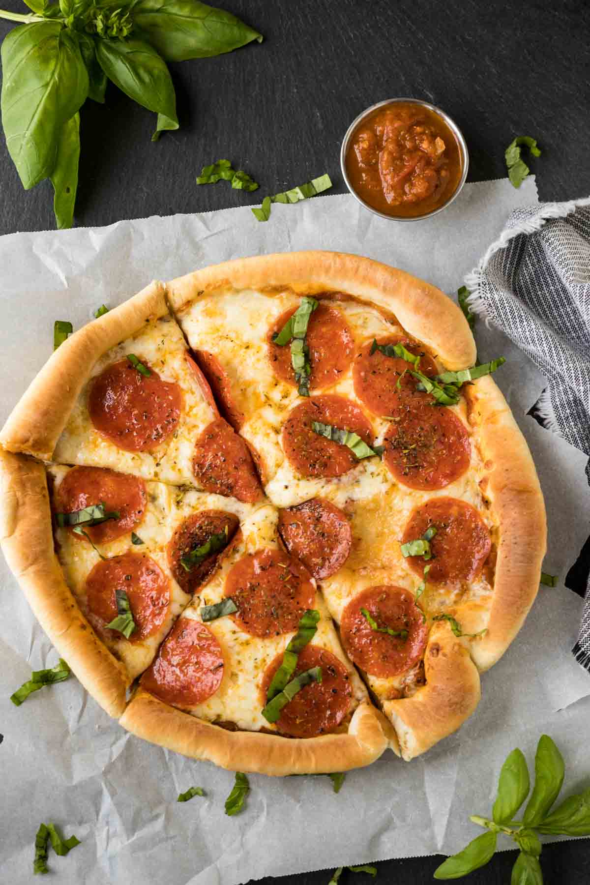 Pepperoni pizza made in a skillet.