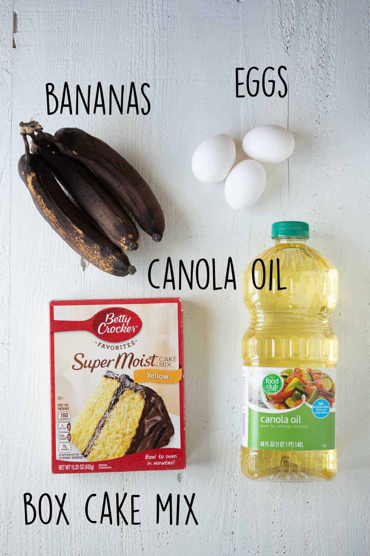 Ingredients to make banana bread with a cake mix.