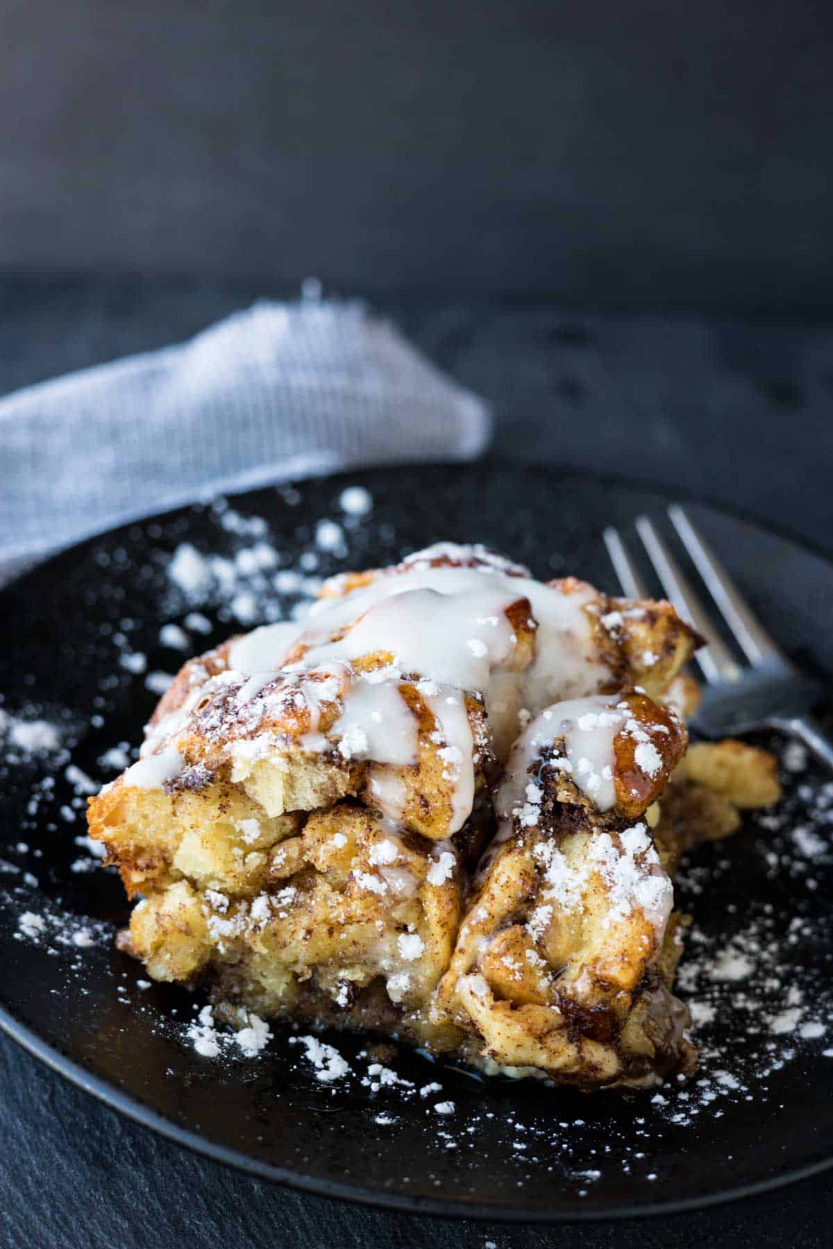 Cinnamon roll casserole with cream cheese frosting.