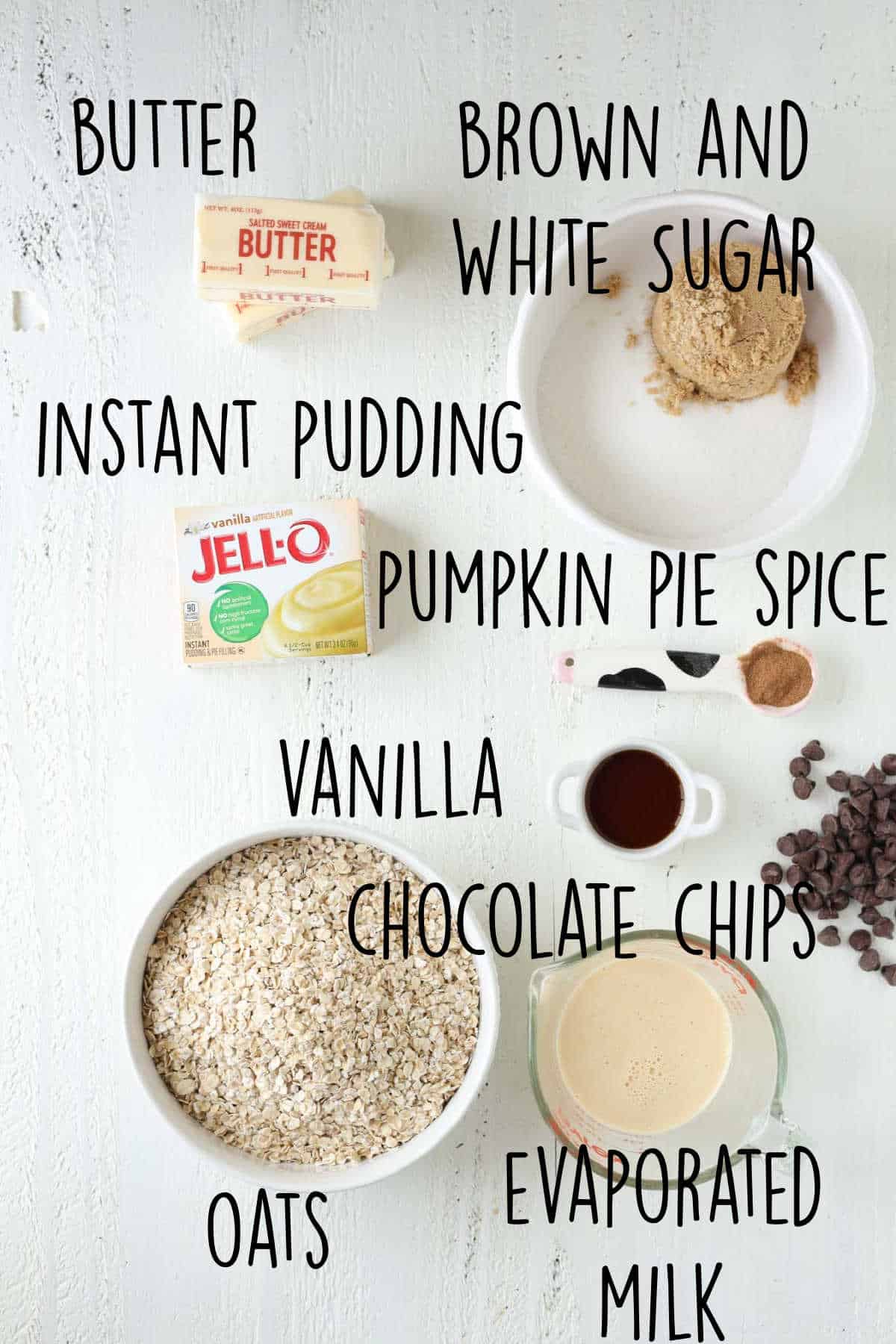 Ingredients needed to make no bake pumpkin spice no bake cookies.