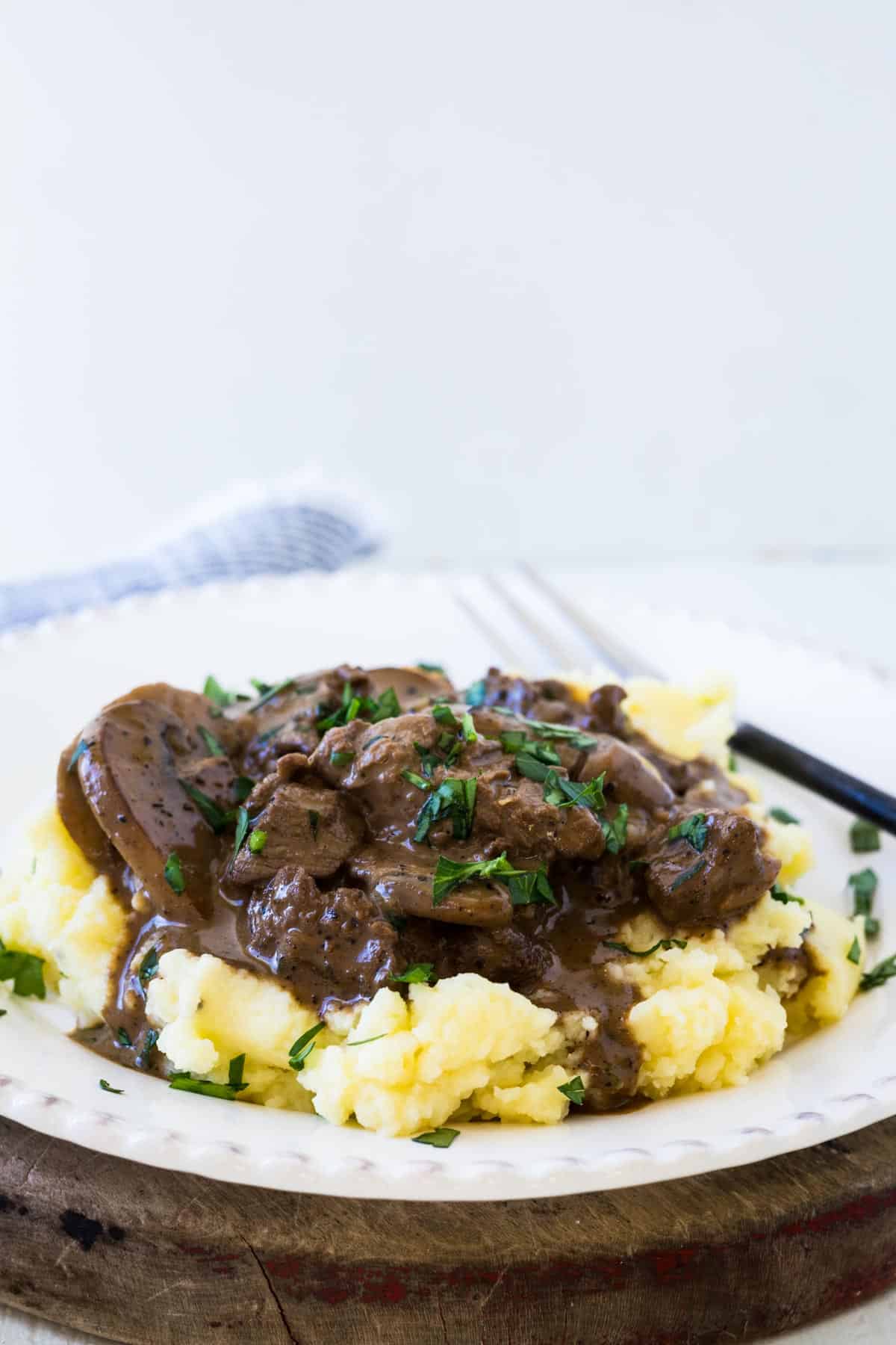 Tenderloin tips with gravy served over mashed potatoes.