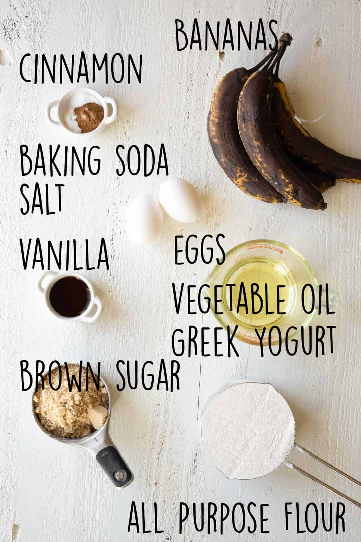 Ingredients needed to make banana bread using Greek yogurt.
