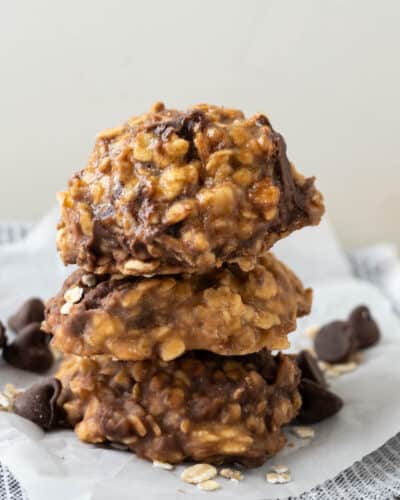 Three caramel with chocolate chips and toffee chips no bake cookies stacked on top of each other.
