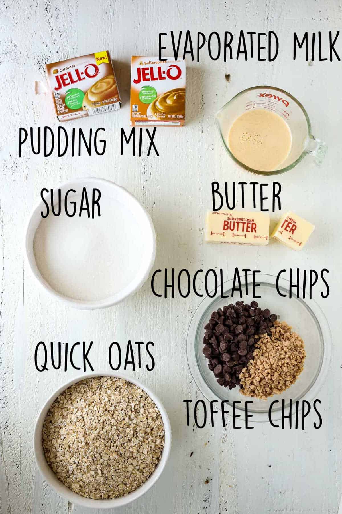 Ingredients needed to make no bake cookies with pudding mix.