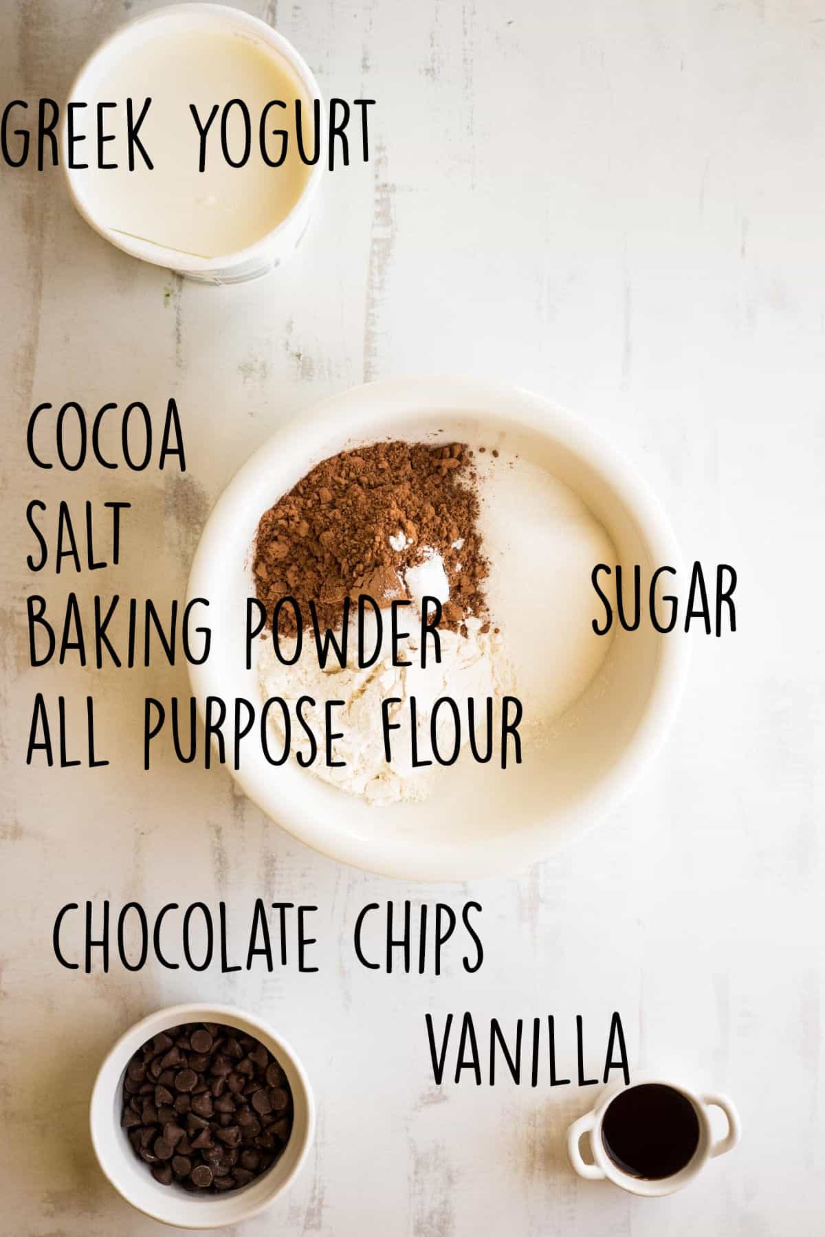 Ingredients needed to make brownies with greek yogurt.